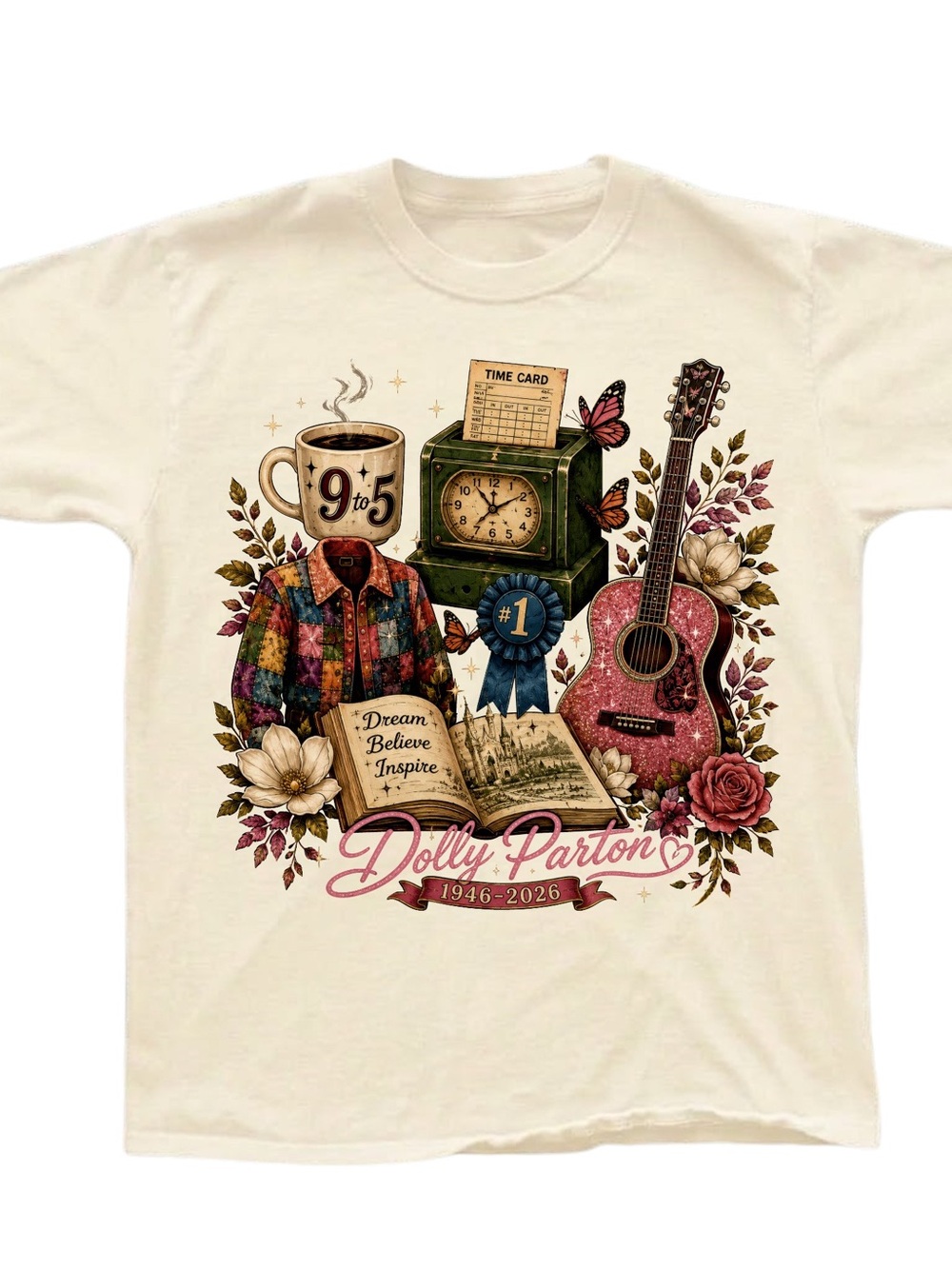 Gildan Cream Dolly Parton Tribute Tee with Pink Guitar Graphic, Gift For Her